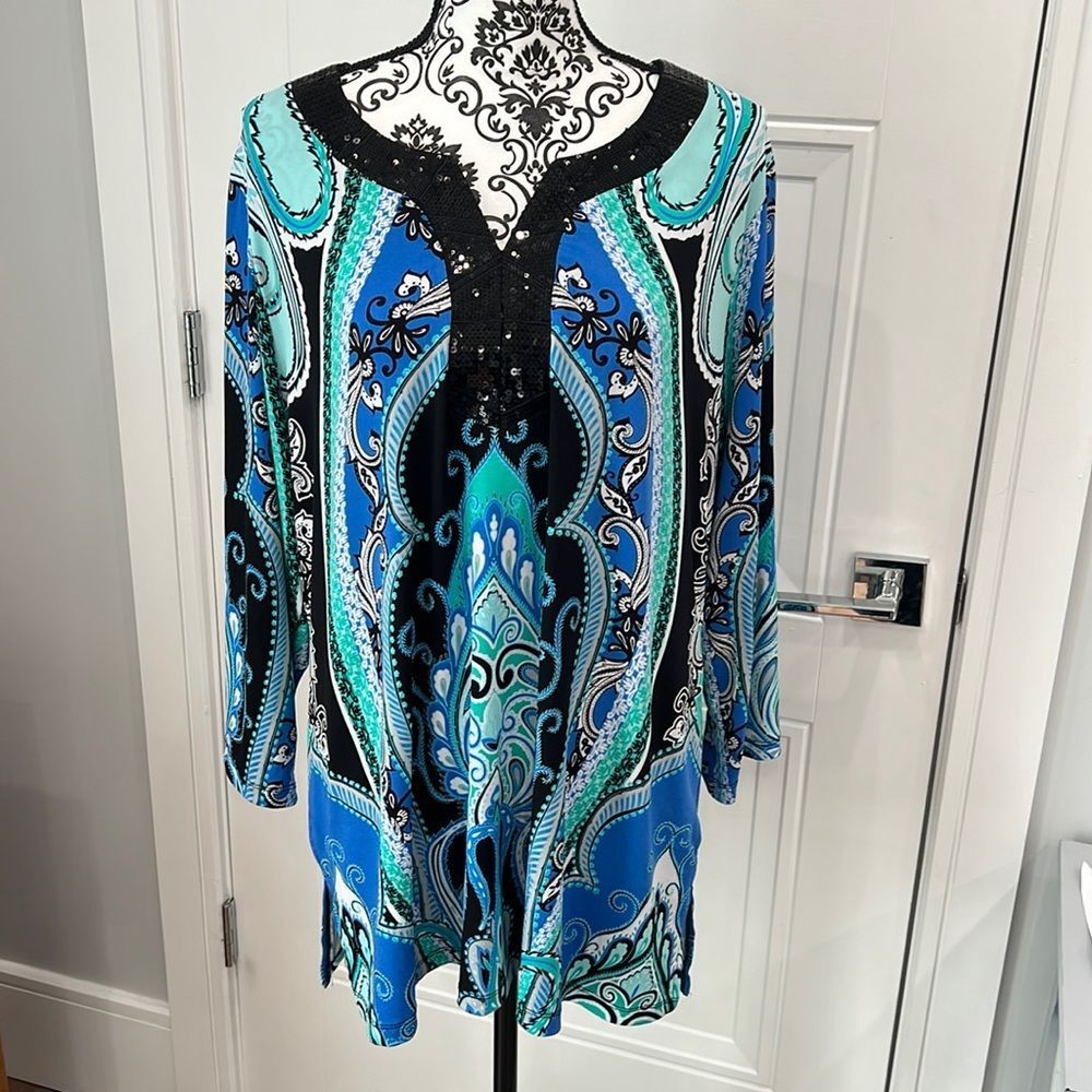 JM Collection Top Womens 2X Blue Beaded V-Neck Blouse Stretch Ladies